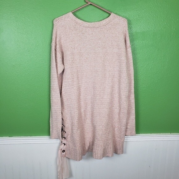 Free People Oversized Baby Pink Knit Tunic Laced Cotton Sweater Dress Size Small - Picture 6 of 11